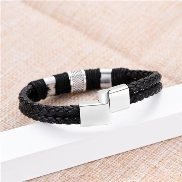 Black Braid Leather Titanium Bracelet Unisex - Picture 7 of 12